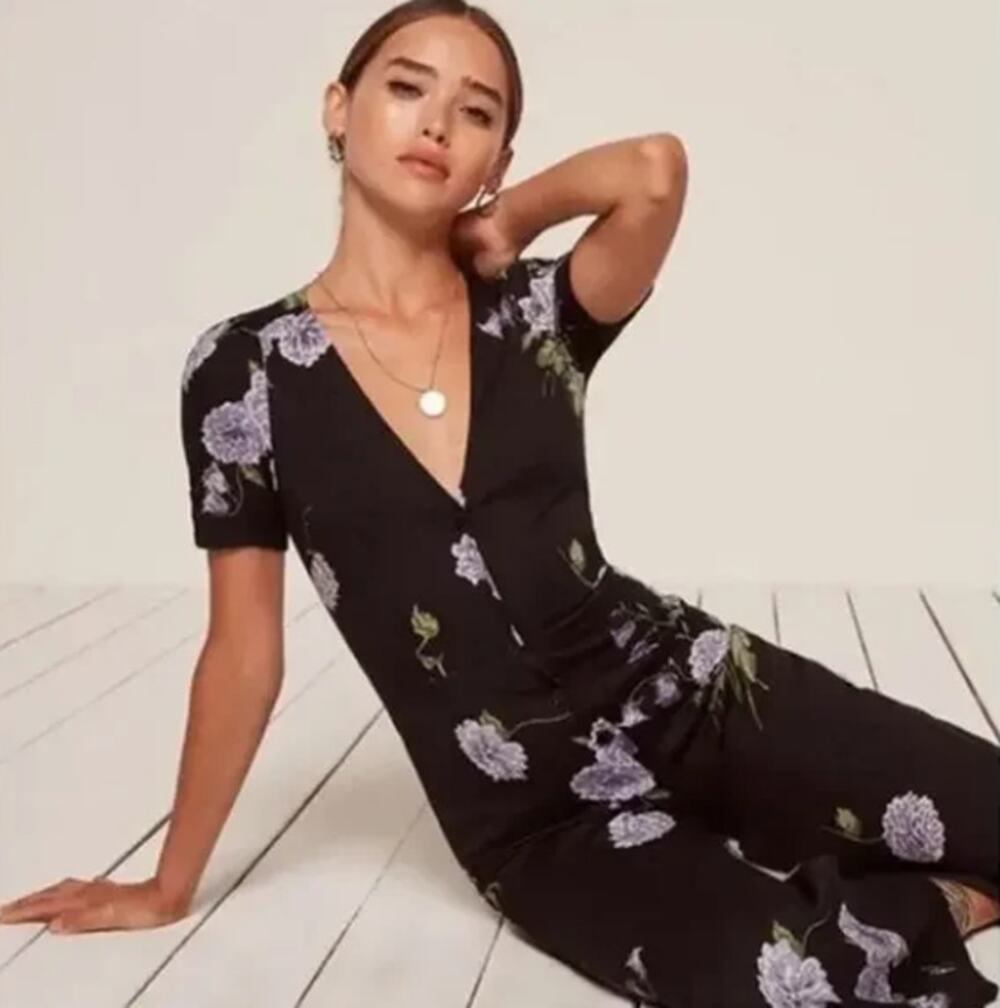 REFORMATION France Wide Leg Jumpsuit in Regalia Floral Black Purple Sz 2 {2C36}